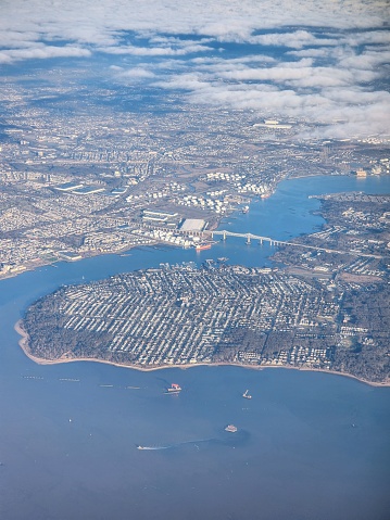 Aerial shot of south shore of Staten Island, with Staten Island and New Jersey visible from photo. Taken on final approach flight path into Laguardia airport.