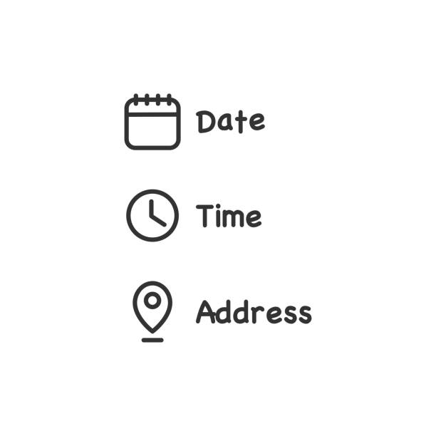 ilustraciones, imágenes clip art, dibujos animados e iconos de stock de icono de dirección de ubicación de fecha y hora. calendario, reloj, símbolo de ilustración de ubicación. firmar vector de datos de eventos - time duration