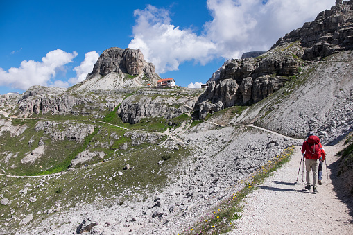Bolzano, Auronzo di Cadore, Italy - June 30, 2022: Trails around the Three Peaks of Lavaredo in the Italian Dolomites