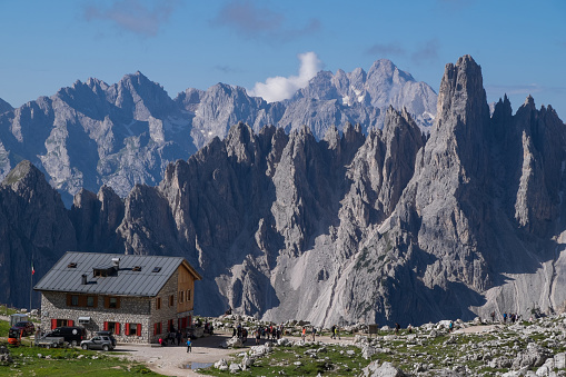 Bolzano, Auronzo di Cadore, Italy - June 30, 2022: Mountain landscape and refuge of Lavaredo in the Auronzo Dolomites