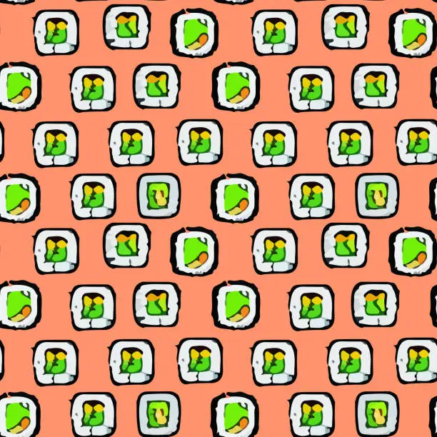Vector illustration of Cute seamless pattern with sushi and salmon in cartoon style.