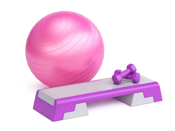 istock Fitness ball, aerobic stepper and small weights isolated on white background 3d rendering 1461097257