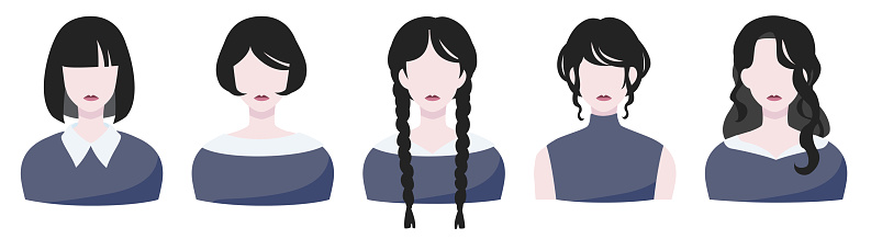 Gothic illustration of a girl with braided black hair. It is drawn in dark tones and in flat design.