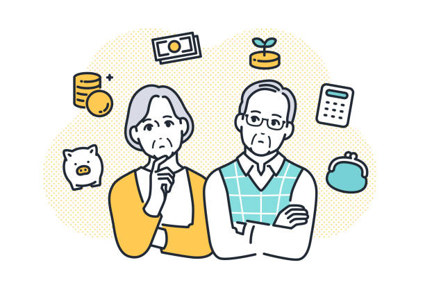 ilustrações, clipart, desenhos animados e ícones de material de ilustração vetorial simples de um casal sênior pensando sobre o dinheiro - casal de meia idade