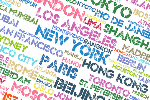 Word cloud made out of names of cities and metropolis on white background.