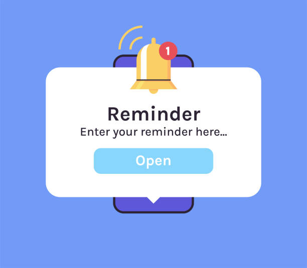 ilustrações de stock, clip art, desenhos animados e ícones de smartphone with alarm clock reminder message on screen and new notice on smartphone screen view. - lembrete