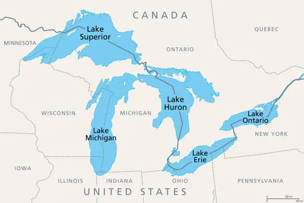 Vector illustration of Great Lakes of North America, series of freshwater lakes, political map