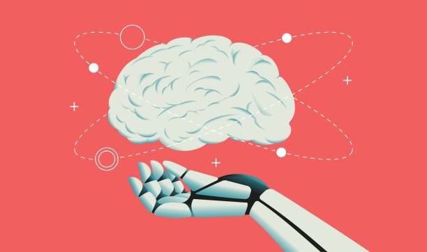 robot hand holding human brain illustration - ai stock illustrations