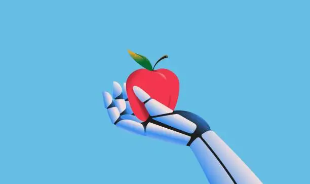 Vector illustration of Robot hand holding an apple illustration