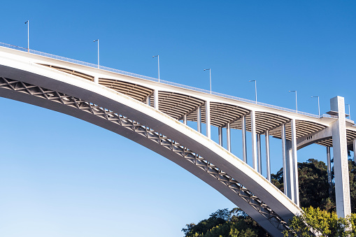 Detail of a concrete bridge against a clear sky.