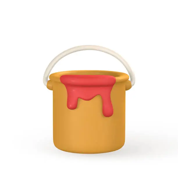 Vector illustration of 3d realistic yellow tin of red paint in cartoon style. Vector illustration