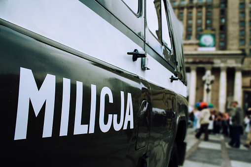 Restored communist era polish police car detail with writing Milicja