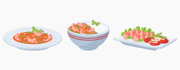 Vector illustration of Cartoon shrimps dishes. Asian cuisine, Japanese and Korean traditional food, seafood plates flat vector illustration on white background