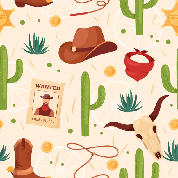 Wild West seamless pattern Wild West seamless pattern. Vector background of western Texas with hat, cactus, wanted poster, sheriff badge, cow skull, horseshoe. Collection for fabric, print, illustration, web design texas road stock illustrations