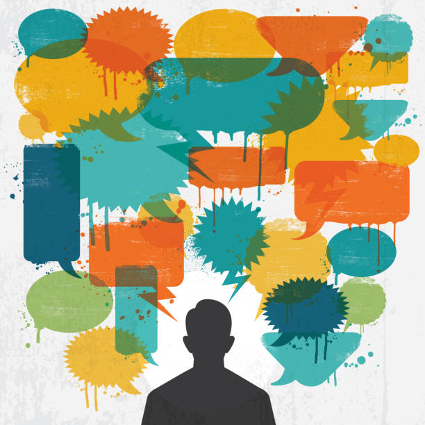 Man with colourful grunge speech bubbles over his head vector art illustration