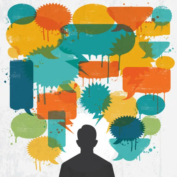 Vector illustration of Man with colourful grunge speech bubbles over his head