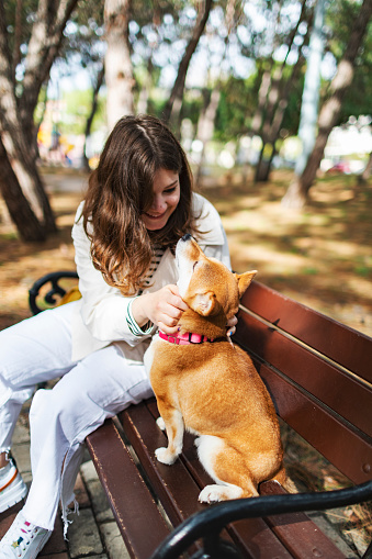 Young woman sitting at park bench with her shiba inu dog