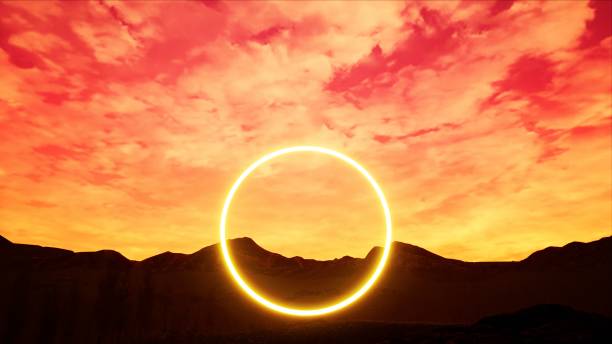 istock Glowing yellow circle light in the forest ground at sunset, 3D Rendering 1461121678