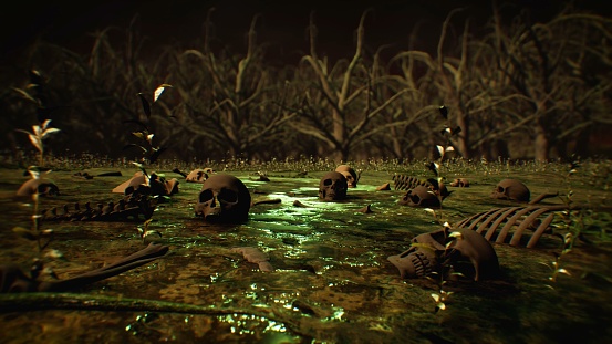 Human skeletons on the poison forest ground 3d Rendering background