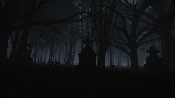 istock Silhouette of graveyard in the rainy dark forest 3D Rendering 1461121774