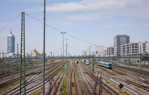Munich, Germany - August 4, 2022 : Train line crossing near central trail station. S-Bahn tracks. Electric rail transit system in Munich