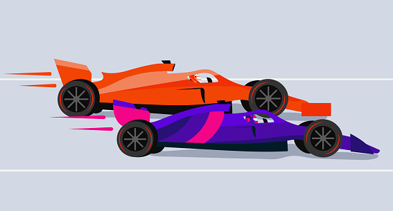 Competition between two racers of open-wheel single-seater on the track. Racing machines from the side. Competition, championship, Grand Prix. Light background. Vector illustration
