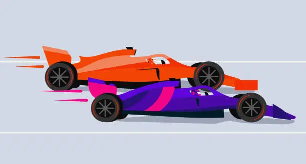 Vector illustration of Competition between two racers of open-wheel single-seater on the track. Racing machines from the side. Grand Prix, championship