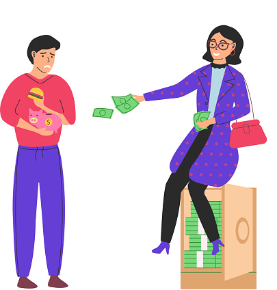 Richness and poverty. Rich happy woman sitting on money bag, poor man puts savings into piggy bank. Financial success concept with unhappy unemployed person and wealthy lady. Financial superiority