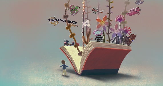 Chidren and a book of imagination. Concept idea art of kid,learning, adventure, education, freedom, inspiration and dream. Conceptual artwork. surreal painting. fantasy 3d illustration. boy