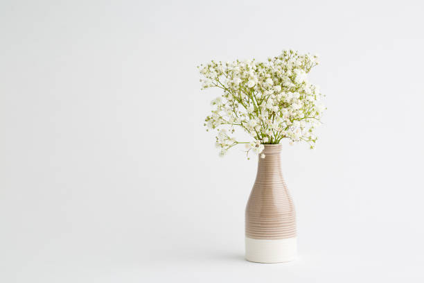 istock Small white flowers on a white background. Soft home decor. White flowers in a vase. 1461126613