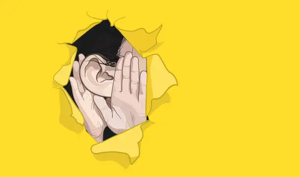 Vector illustration of Female ear and hands close-up. Torn hole, paper, yellow background. Copy space. The concept of eavesdropping, espionage, gossip and yellow press. Vector illustration, eps 10.