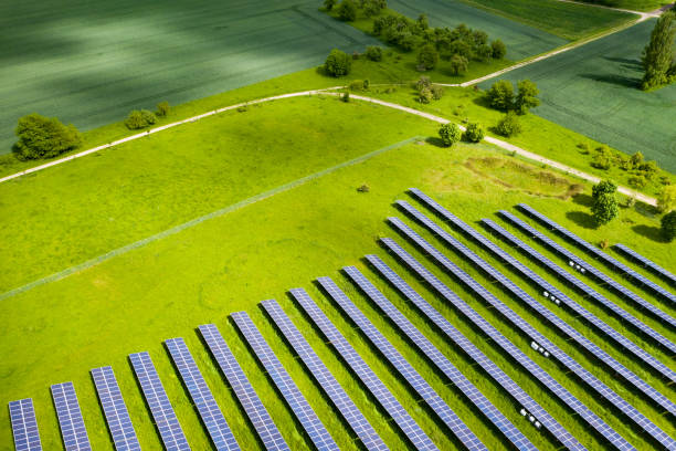 Aerial view of a Solar panel energy field stock photo