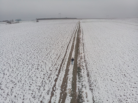 Farmer looking at plowed fields in winter