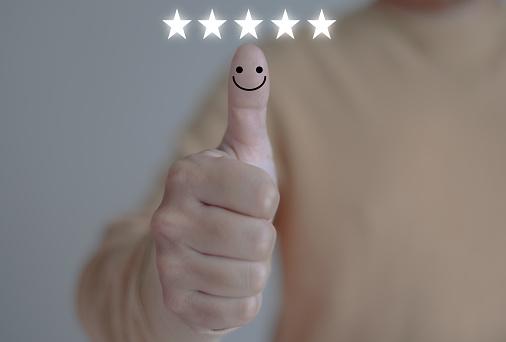 customer satisfaction concept thumbs up smiley face icon 5 stars positive emotions and copy area