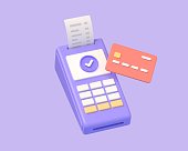 3d pos terminal in cartoon style. the concept of paying for purchases with a credit card. illustration isolated on purple background. 3d rendering.