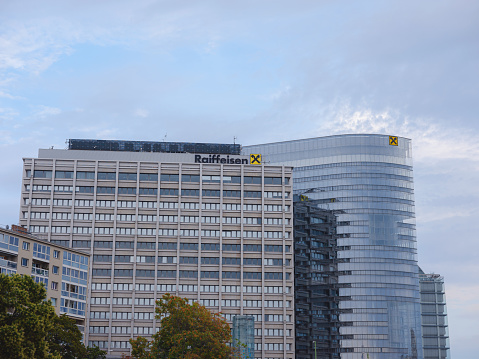 Vienna, Austria - August 7, 2022 : business skyscraper of Raiffeisen Bank is largest Austrian banking groups, cooperative bank. In addition to Austria, it operates in 14 other countries of Europe