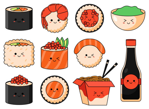 ilustraciones, imágenes clip art, dibujos animados e iconos de stock de set de sushi kawaii, fideos, salsa de soja y wasabi con cara sonriente y mejillas rosadas aisladas sobre un fondo blanco. estilo de dibujos animados japoneses. - japanese cuisine soy sauce food bonito