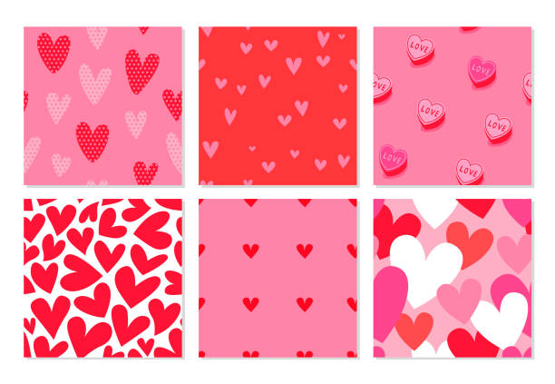 ilustraciones, imágenes clip art, dibujos animados e iconos de stock de conjunto de patrones sin costuras de corazón rosa del día de san valentín - candy heart candy valentines day heart shape