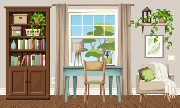 Vector illustration of Room with a bookcase, a desk, an armchair, and a window. Cozy home office interior design. Cartoon vector illustration