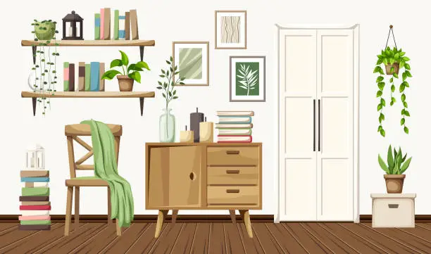 Vector illustration of Scandinavian room interior. Cartoon vector illustration