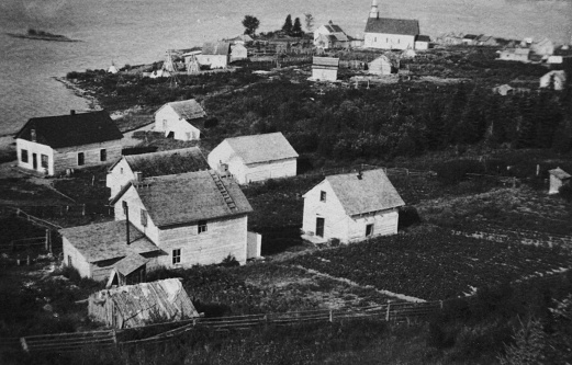 High angle townscape of Pelican Narrows in Saskatchewan, Canada. Vintage photograph ca. 1919.
