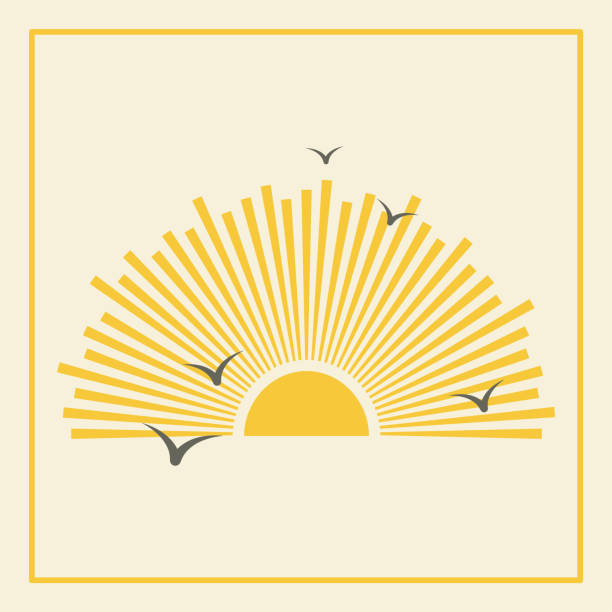 일출과 날아다니는 새들의 미적 광장 삽화 포스터. 보헤미안 스타일의 벽 장식. - sunrise stock illustrations