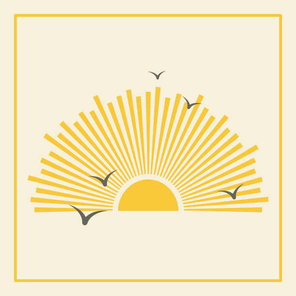 Sunrise and flying birds aesthetic square illustration poster. Bohemian style wall decor. Sunrise and flying birds aesthetic square illustration poster. Bohemian style wall decor. Contemporary artistic print. vector sun stock illustrations