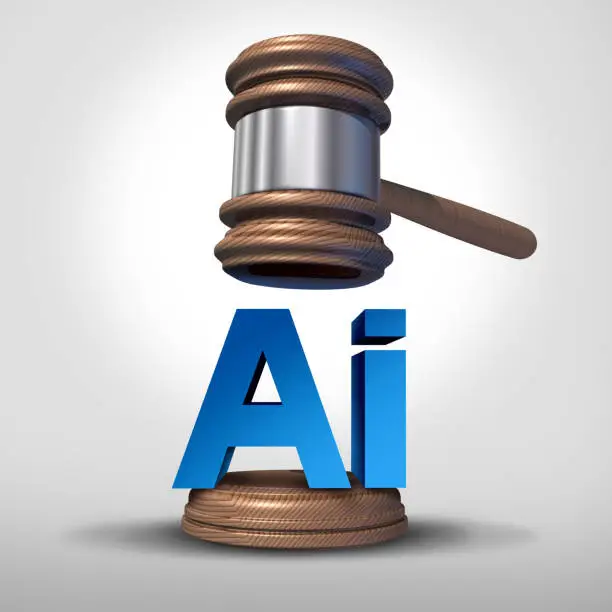 Artificial Intelligence Laws as a technology regulation for AI as legal and ethical issues for copyright and intellectual property implications for criminal justice and legality to regulate content usage with 3D illustration elements.