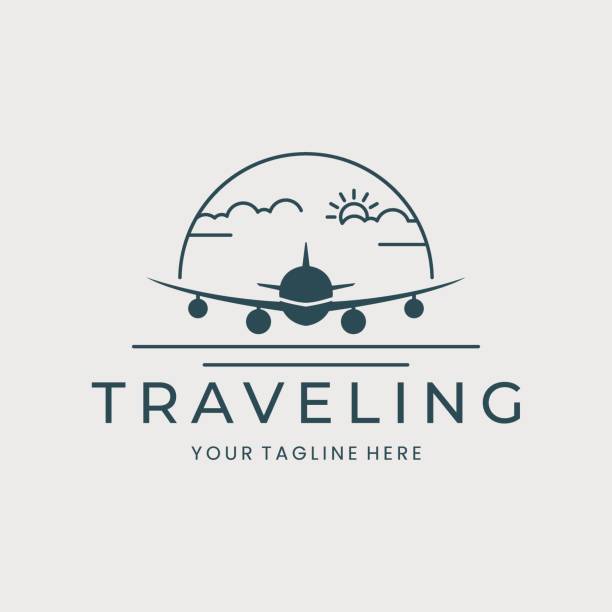 airplane with emblem vintage logo vector, cloud and sun template illustration design. travel icon concept airplane with emblem vintage logo vector, cloud and sun template illustration design. travel icon concept travel logo stock illustrations