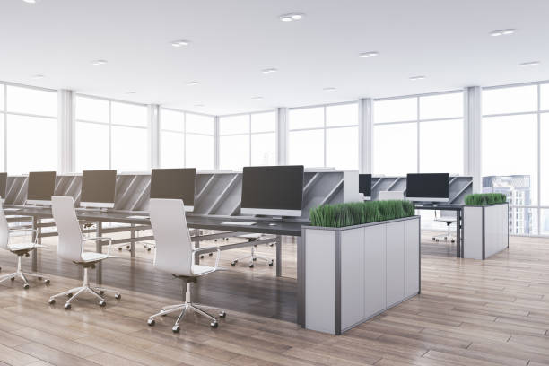 istock Bright spacious bright coworking office interior. Wooden and concrete materials. Panoramic window with city view and daylight. Corporation, law and legal concept. 3D Rendering. 1461139735
