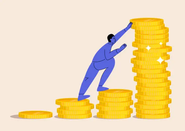 Vector illustration of Man climbing stairs from stacks of coins toward his financial goal.