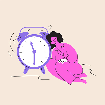 Alarm clock call in the morning. Sleeping woman near the ringing alarm clock. Сartoon character. Lazy awakening. Girl leaned against the clock