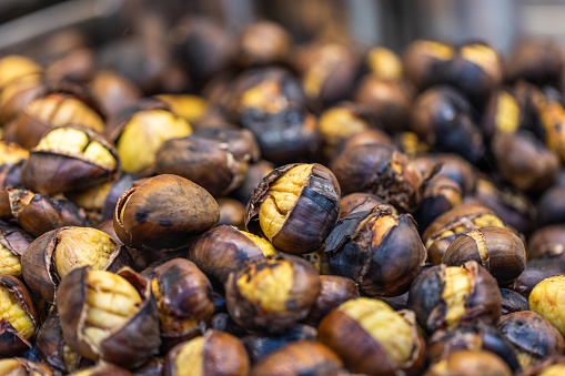 Roasted sweet chestnuts close up. Organic food. Food background. Healthy eating