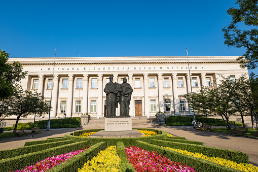 Sofia, Bulgaria - July 2022: National library Cyril and Methodius in Sofia, Bulgaria. They are credited with devising the Glagolitic alphabet.